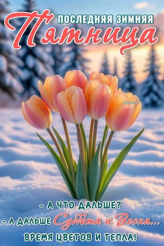 Открытка ПОСЛЕДНЯЯ ЗИМНЯЯ ПЯТНИЦА. - А ЧТО ДАЛЬШЕ? - А ДАЛЬШЕ СУББОТА И ВЕСНА... ВРЕМЯ ЦВЕТОВ И ТЕПЛА!