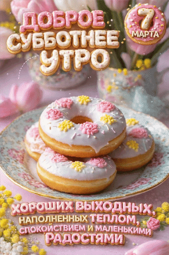 Анимированная открытка 7 марта Доброе субботнее утро! Хороших выходных, наполненных теплом, спокойствием и маленькими радос