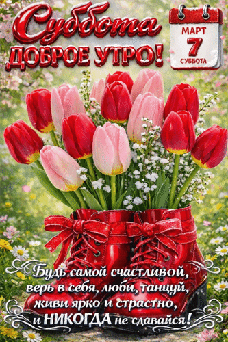 Анимированная открытка 7 марта Суббота. Доброе утро! Будь самой счастливой, верь в себя, люби, танцуй, живи ярко и страстно