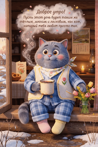 Анимированная открытка Доброе утро! Пусть этот день будет таким же тёплым, мягким и ласковым, как кот, который тебя любит.