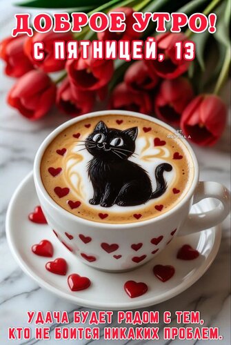 Открытка ДОБРОЕ УТРО! С ПЯТНИЦЕЙ,13. УДАЧА БУДЕТ РЯДОМ С ТЕМ, КТО НЕ БОИТСЯ НИКАКИХ ПРОБЛЕМ.