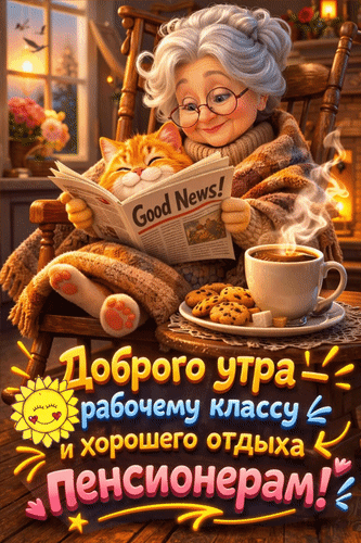 Анимированная открытка Доброго утра - рабочему классу и хорошего отдыха пенсионерам!