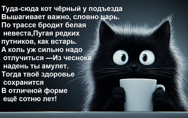 Открытка Туда-сюда кот чёрный у подъезда вышагивает важно, словно царь. 