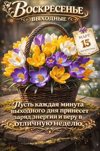 Анимированная открытка 15 марта Воскресенье. Выходные. Пусть каждая минута выходного дня принесет заряд энергии и веру в от
