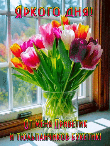 Открытка Яркого дня! От меня Приветик и тюльпанчиков букетик!