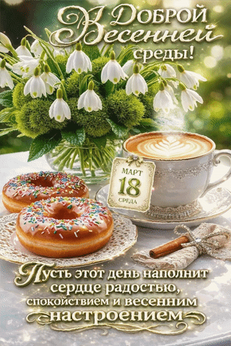 Анимированная открытка 18 марта Доброй весенней среды! Пусть этот день наполнит сердце радостью, спокойствием и весенн