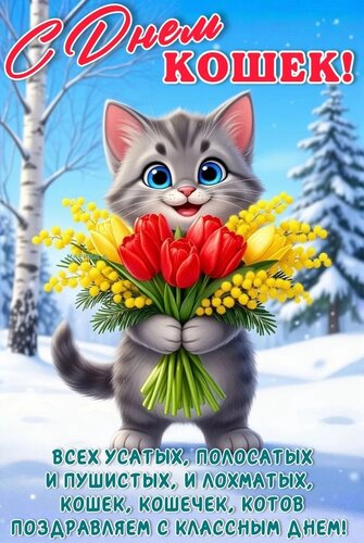 Открытка С ДНЕМ КОШЕК! ВСЕХ УСАТЫХ, ПОЛОСАТЫХ И ПУШИСТЫХ, И ЛОХМАТЫХ, КОШЕК, КОШЕЧЕК, КОТОВ ПОЗДРАВЛЯЕМ С КЛА