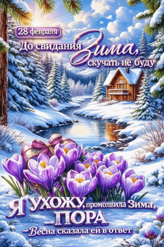 Анимированная открытка 28 февраля До свидания, Зима, скучать не буду. Я ухожу, промолвила Зима, - Пора. - Весна сказала ей