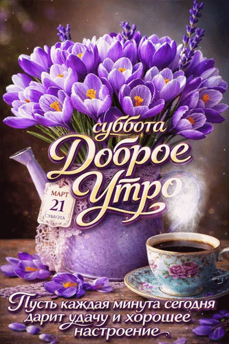 Анимированная открытка 21 марта Суббота. Доброе утро. Пусть каждая минута сегодня дарит удачу и хорошее настроение.