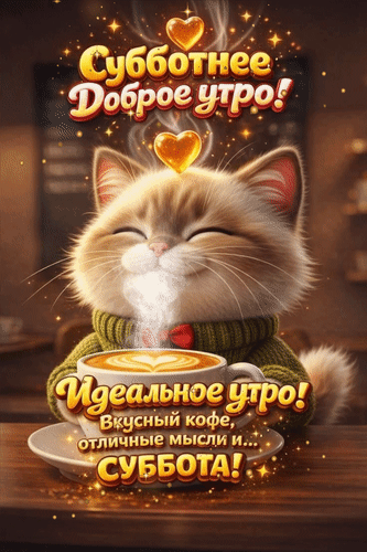 Анимированная открытка Субботнее доброе утро! Идеальное утро! Вкусный кофе, отличные мысли и... Суббота!