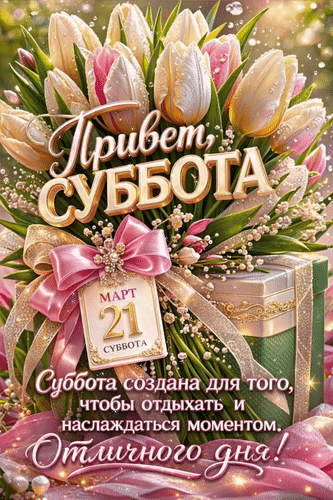 Анимированная открытка 21 марта Привет, суббота. Суббота создана для того, чтобы отдыхать и наслаждаться моментом.