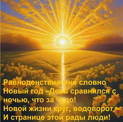 Открытка Равноденствие мне словно Новый год – День сравнялся с ночью, что за чудо! Новой жизни круг, водоворо