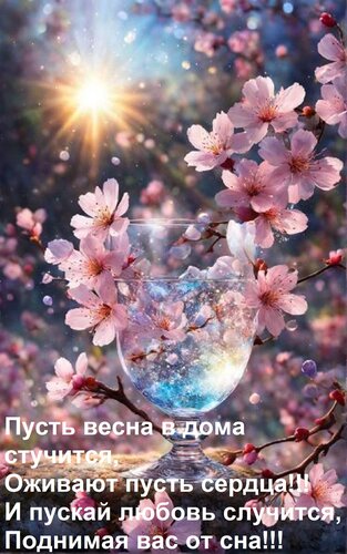 Открытка Пусть весна в дома стучится, Оживают пусть сердца!!! И пускай любовь случится, Поднимая вас от сна!!