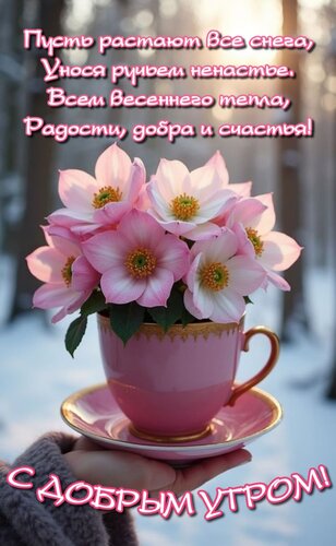 Открытка Пусть растают все снега, Унося ручьем ненастье. Всем весеннего тепла, Радости, добра и счастья!