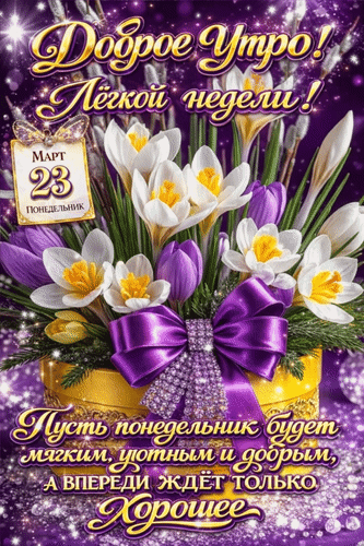 Анимированная открытка 23 марта Доброе утро! Лёгкой недели! Пусть понедельник будет мягким, уютным и добрым, а впереди ждёт