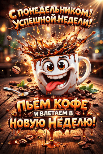 Анимированная открытка С понедельником! Успешной недели! Пьём кофе и влетаем в новую неделю!