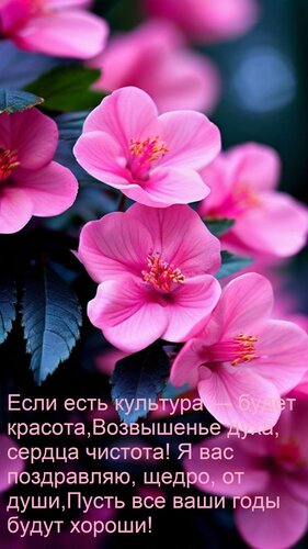 Открытка Если есть культура — будет красота, Возвышенье духа, сердца чистота! Я вас поздравляю, щедро, от душ