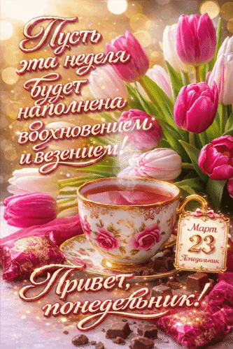 Анимированная открытка 23 марта Привет, Понедельник! Пусть эта неделя будет наполнена вдохновением и везением!