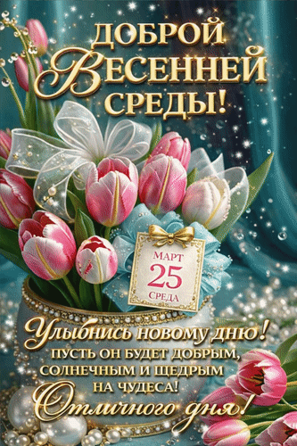 Анимированная открытка 25 марта. Доброй весенней среды! Улыбнись новому дню! Пусть он будет добрым, солнечным и щедрым...