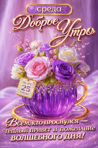 Анимированная открытка 25 марта Среда. Доброе утро. Всем, кто проснулся - тёплый привет и пожелание волшебного дня!