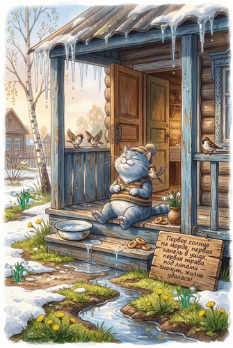 Анимированная открытка Первое солнце на морде, первая капель в ушах, первая трава под лапами - значит, жизнь удалась!