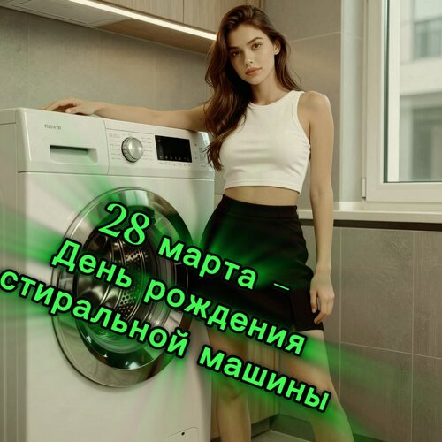 Открытка 28 марта - день рождения стиральной машины