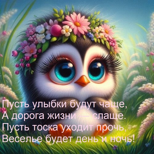 Открытка Пусть улыбки будут чаще, А дорога жизни — слаще. Пусть тоска уходит прочь, Веселье будет день и ночь