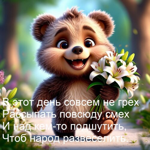 Открытка В этот день совсем не грех Рассыпать повсюду смех И над кем-то подшутить, Чтоб народ развеселить.