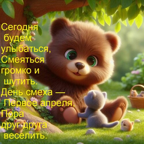 Открытка Сегодня будем улыбаться, Смеяться громко и шутить. День смеха — Первое апреля, Пора друг друга весел