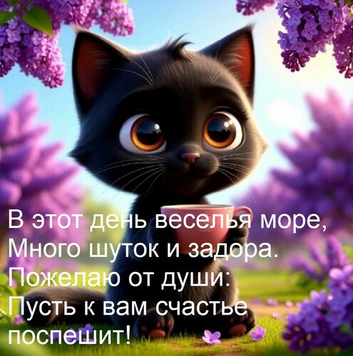 Открытка В этот день веселья море, Много шуток и задора. Пожелаю от души: Пусть к вам счастье поспешит!