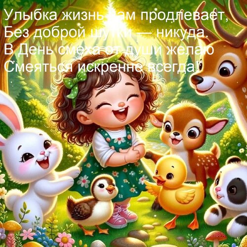 Открытка Улыбка жизнь нам продлевает, Без доброй шутки — никуда. В День смеха от души желаю Смеяться искренне