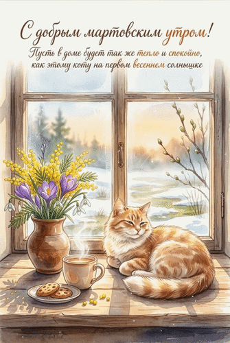 Анимированная открытка С добрым мартовским утром! Пусть в доме будет так же тепло и спокойно, как этому коту на первом весе