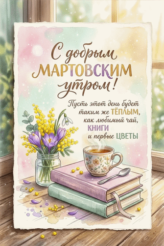 Анимированная открытка С добрым мартовским утром! Пусть этот день будет таким же тёплым, как любимый чай, книги и первые