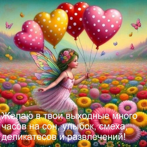 Открытка Желаю в твои выходные много часов на сон, улыбок, смеха, деликатесов и развлечений!