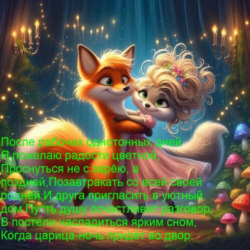 Открытка После рабочих однотонных дней я пожелаю радости цветной, проснуться не с зарёю, а поздней...