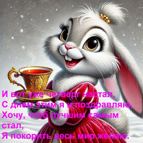 Открытка И вот уже четверг настал, с днем этим я и поздравляю, хочу, чтоб лучшим самым стал, я покорить весь