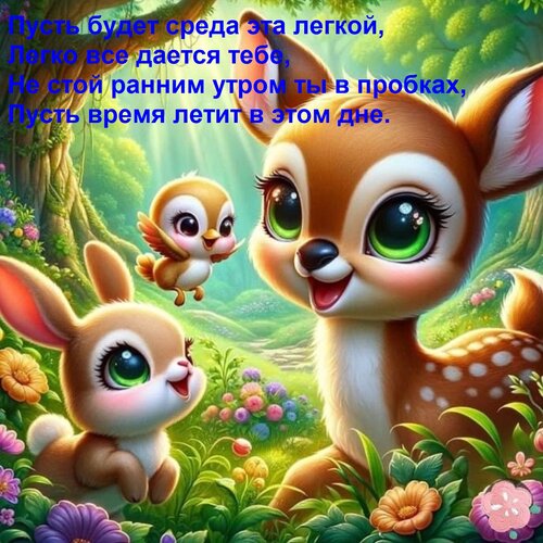 Открытка Пусть будет среда эта легкой, Легко все дается тебе, Не стой ранним утром ты в пробках, Пусть время