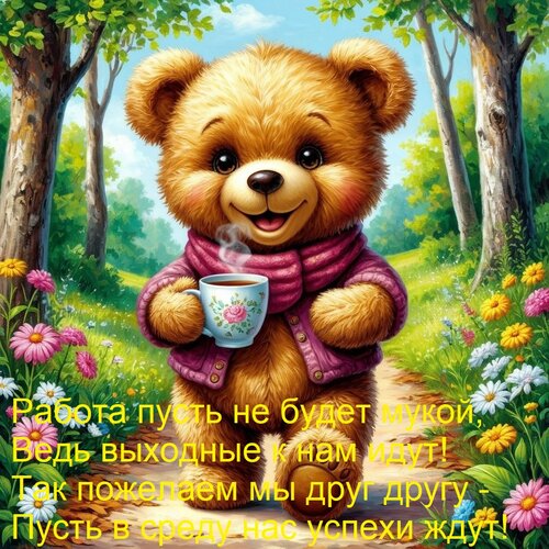 Открытка Работа пусть не будет мукой, Ведь выходные к нам идут! Так пожелаем мы друг другу - Пусть в среду на