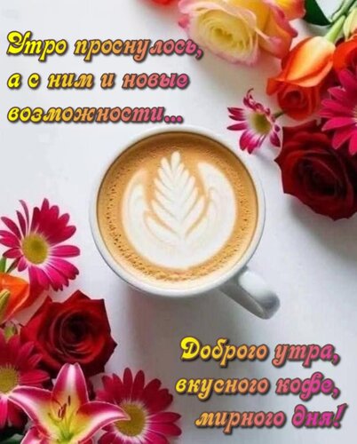 Открытка Утро проснулось, а с ним и новые возможности... Доброго утра, вкусного кофе, мирного дня!
