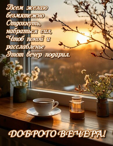 Открытка Всем желаю безмятежно Отдохнуть, набраться сил, Чтоб покой и расслабленье Этот вечер подарил.