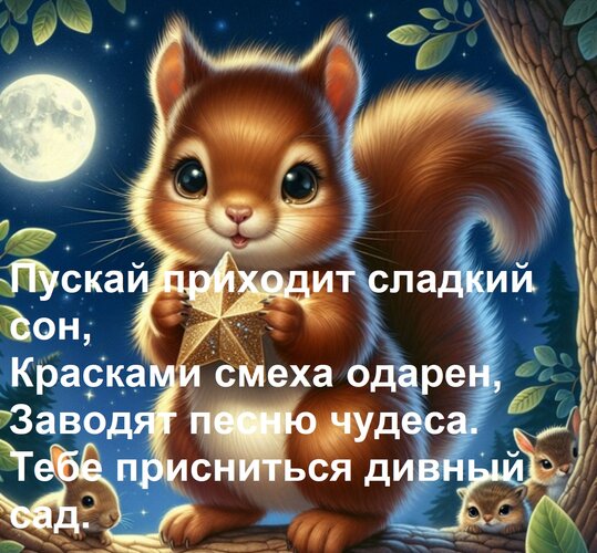 Открытка Пускай приходит сладкий сон, Красками смеха одарен, Заводят песню чудеса. Тебе присниться дивный сад