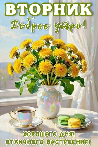 Открытка ДОБРОЕ УТРО! ВТОРНИК. ХОРОШЕГО ДНЯ! ОТЛИЧНОГО НАСТРОЕНИЯ!