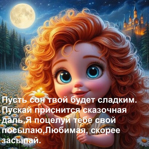 Открытка Пусть сон твой будет сладким. Пускай приснится сказочная даль, Я поцелуй тебе свой посылаю, Любимая,