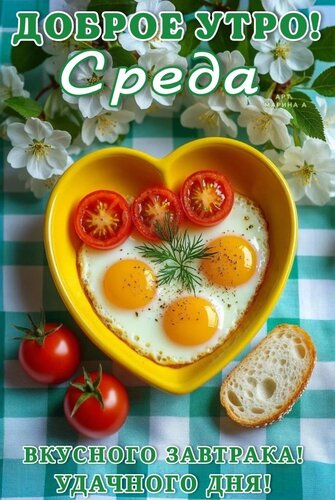 Открытка ДОБРОЕ УТРО! СРЕДА! ВКУСНОГО ЗАВТРАКА! УДАЧНОГО ДНЯ!