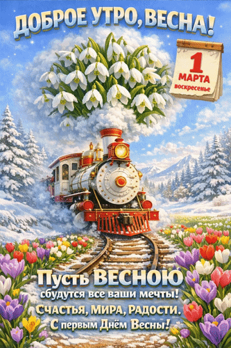 Анимированная открытка 1 марта. Воскресенье. Доброе утро, весна! Пусть весною сбудутся все ваши мечты! Счастья, мира, радости