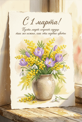 Анимированная открытка С 1 Марта! Пусть Март согреет сердце так же нежно, как эти первые цветы