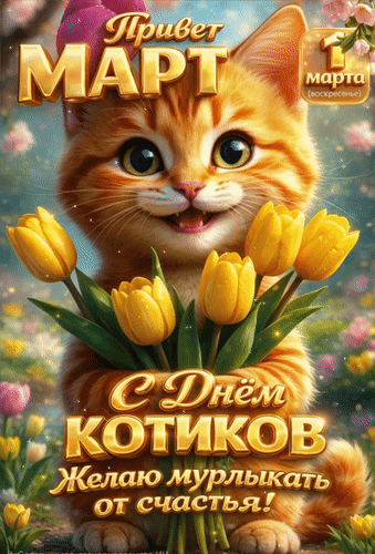 Открытка 1 марта Привет, Март. С Днём котиков. Желаю мурлыкать от счастья!