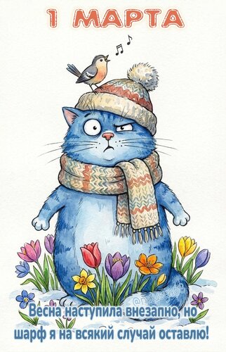 Открытка 1 марта. Весна наступила внезапно, но шарф я на всякий случай оставлю.