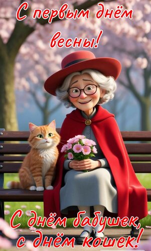 Открытка С первым днём весны, с днём бабушек, с днём кошек