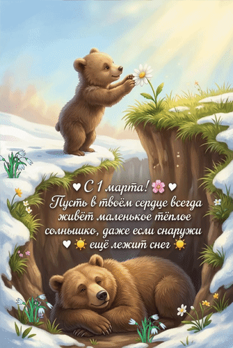 Анимированная открытка С 1 марта! Пусть в твоём сердце всегда живёт маленькое тёплое солнышко, даже если снаружи ещё